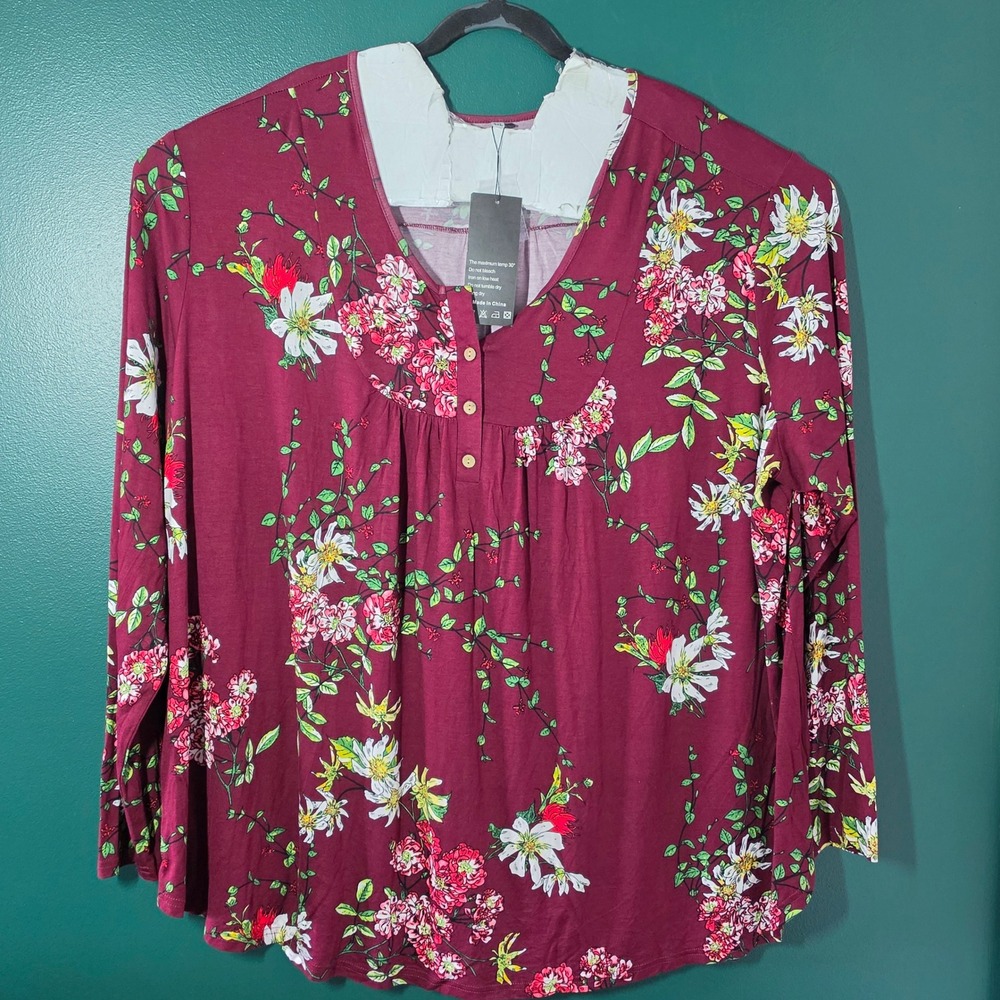 Poseshe Women 5XL Burgundy Floral Henley V-Neck Long Sleeve Tunic Blouse NEW